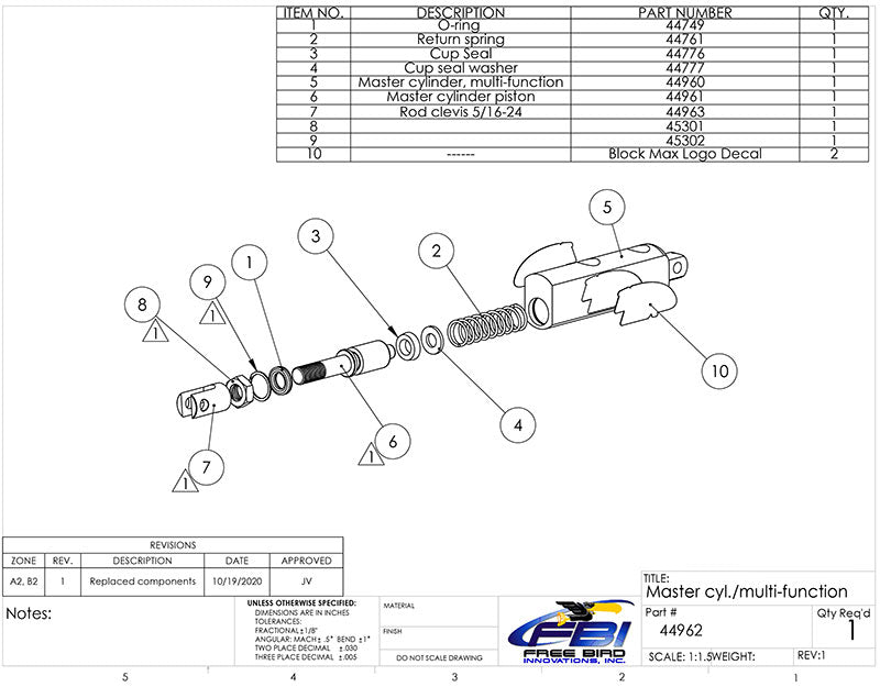 Master Cylinder Assembly Heel/Toe (no reservoir) #44962