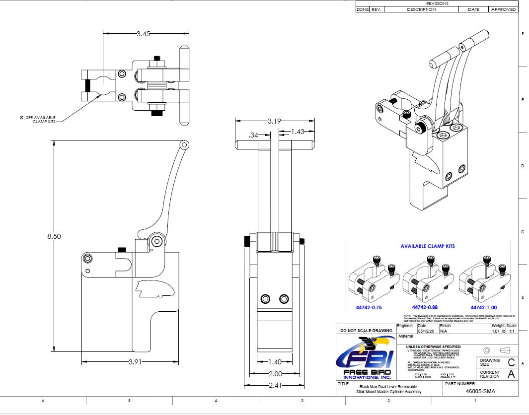 Master Cylinder Stick Mount Dual Lever 46005 (1.000", .875", .750" REMOVABLE MOUNT #46005ABC (***New Figer Tip Grips***)